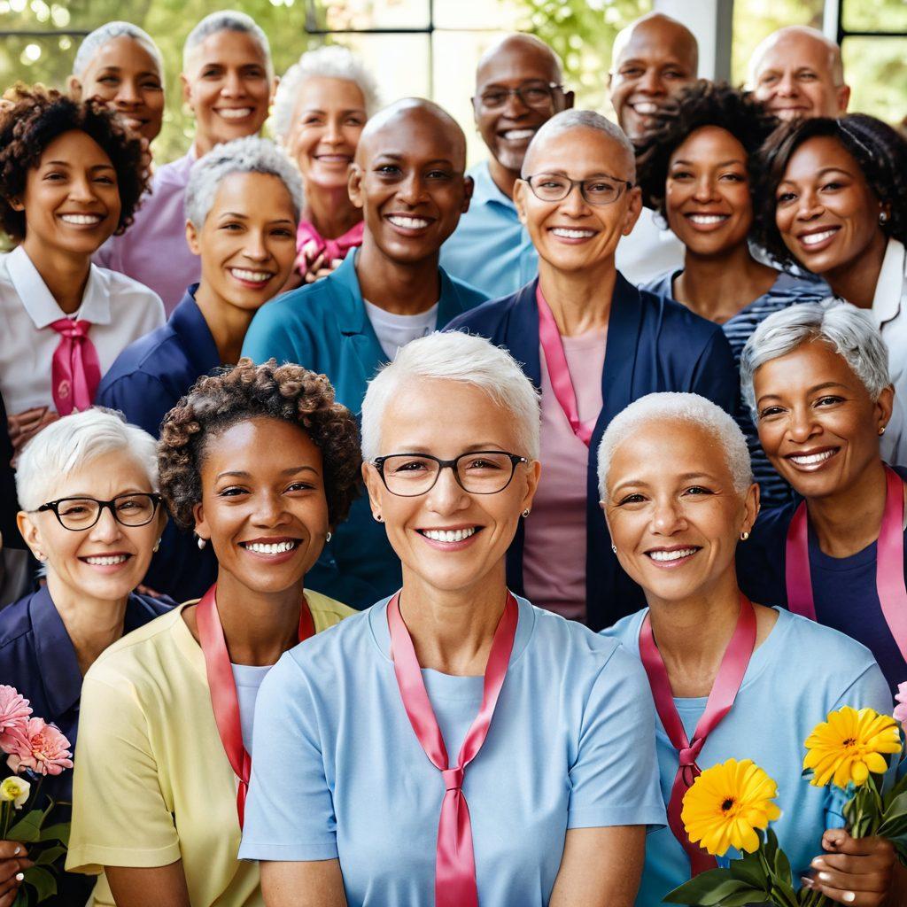 A heartfelt scene depicting a diverse group of cancer survivors and advocates, standing together with smiles, showcasing solidarity and strength. In the background, a vibrant ribbon symbolizes hope, with flowers blooming around it to represent resilience and new beginnings. Soft light illuminates their faces, emphasizing warmth and community. super-realistic. vibrant colors. uplifting atmosphere.